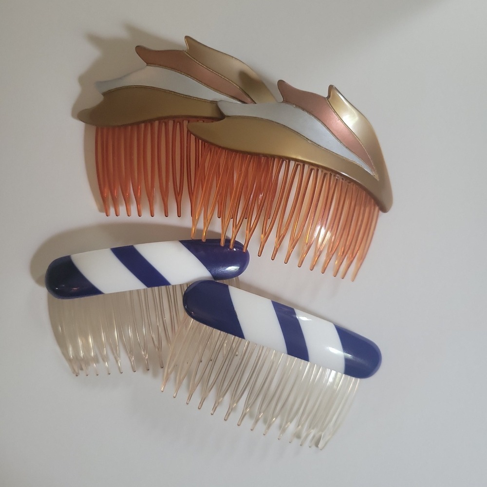 Vintage Made in USA Hair Side Combs Set of 2 Gold Silver Blue White Striped